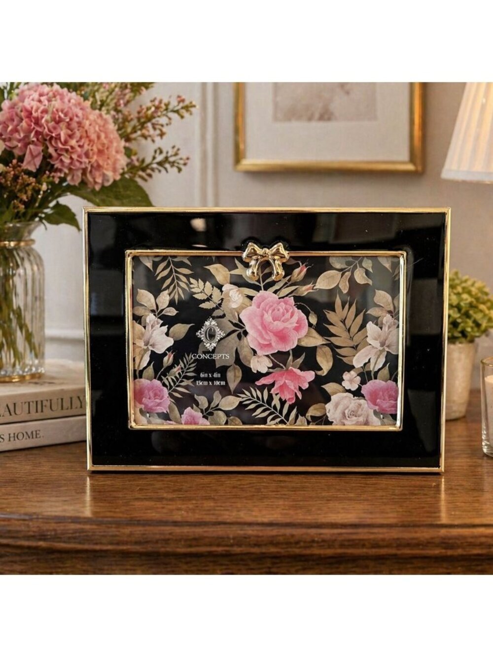 New Elegant Black Gold Floral Picture Frame 6x4 Photo Frame Bow W/ Home Decor